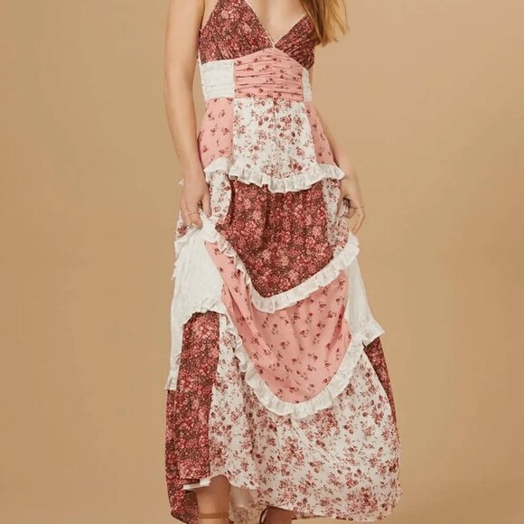 Brown Boho Women's Floral Maxi Dress with Lace Patchwork and Ruffle Details - Picture 3 of 6